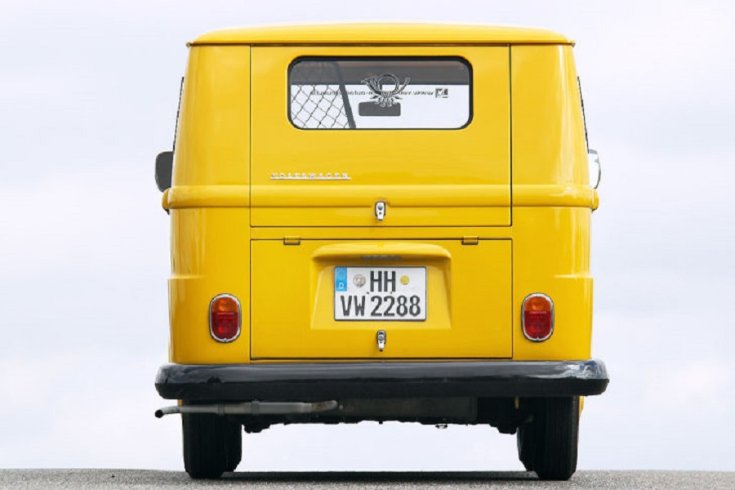 1964 Volkswagen Typ 147 Fridolin, sárga postásautó, hátulnézet, szemből