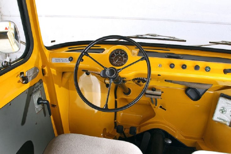 1964 Volkswagen Typ 147 Fridolin, sárga postásautó, műszerfal, elölnézet, szemből, felülnézet